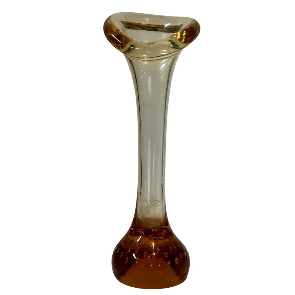 Vintage Amber Glass Trumpet Bud Flower Vase with Controlled Bubble Base MCM